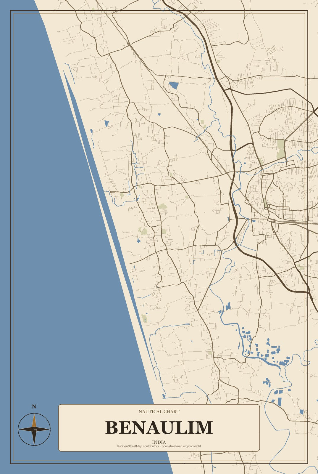 Benaulim, India City Map Aluminum Sign in Heritage Nautical style