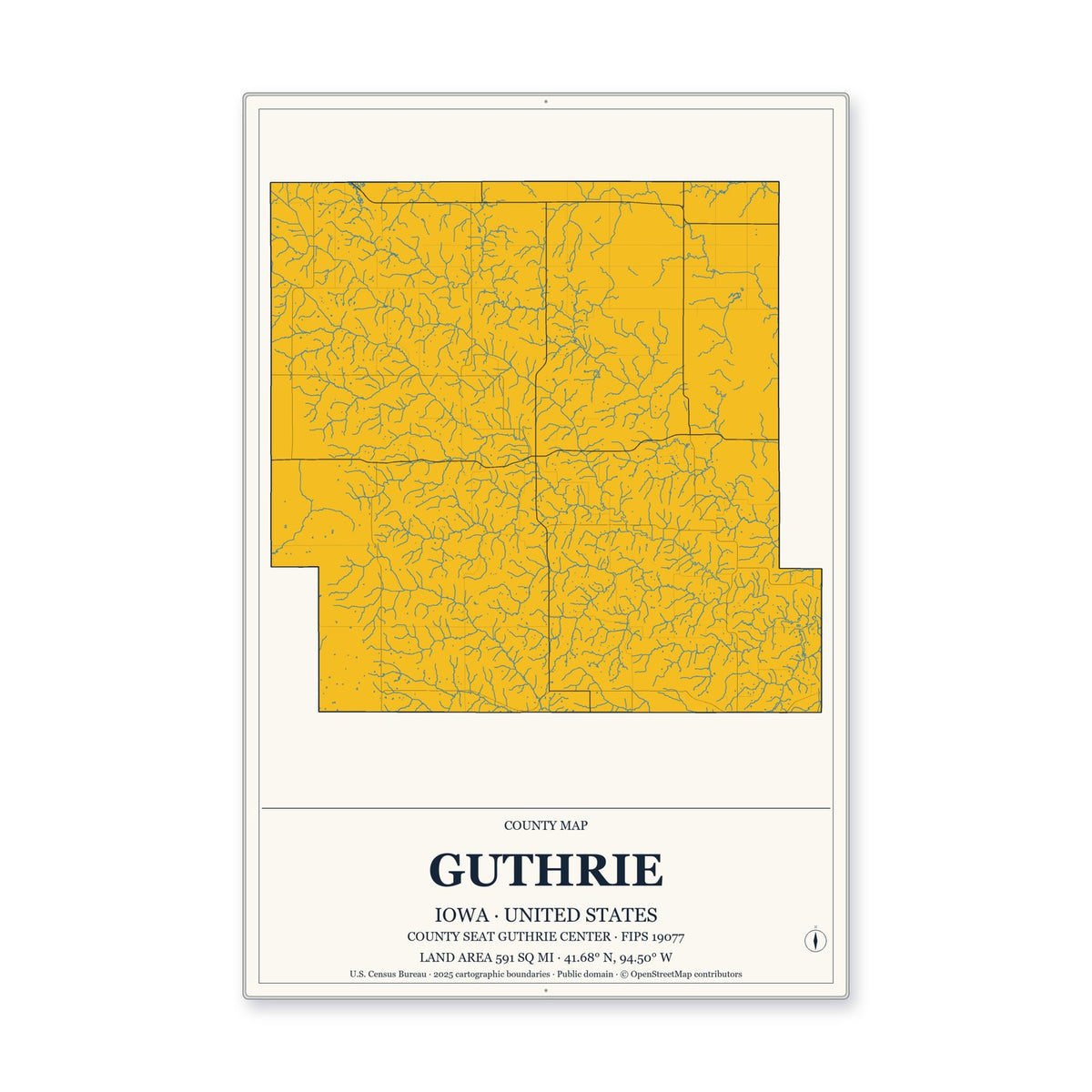 Guthrie County, Iowa Map Aluminum Sign in Citrine Modern style