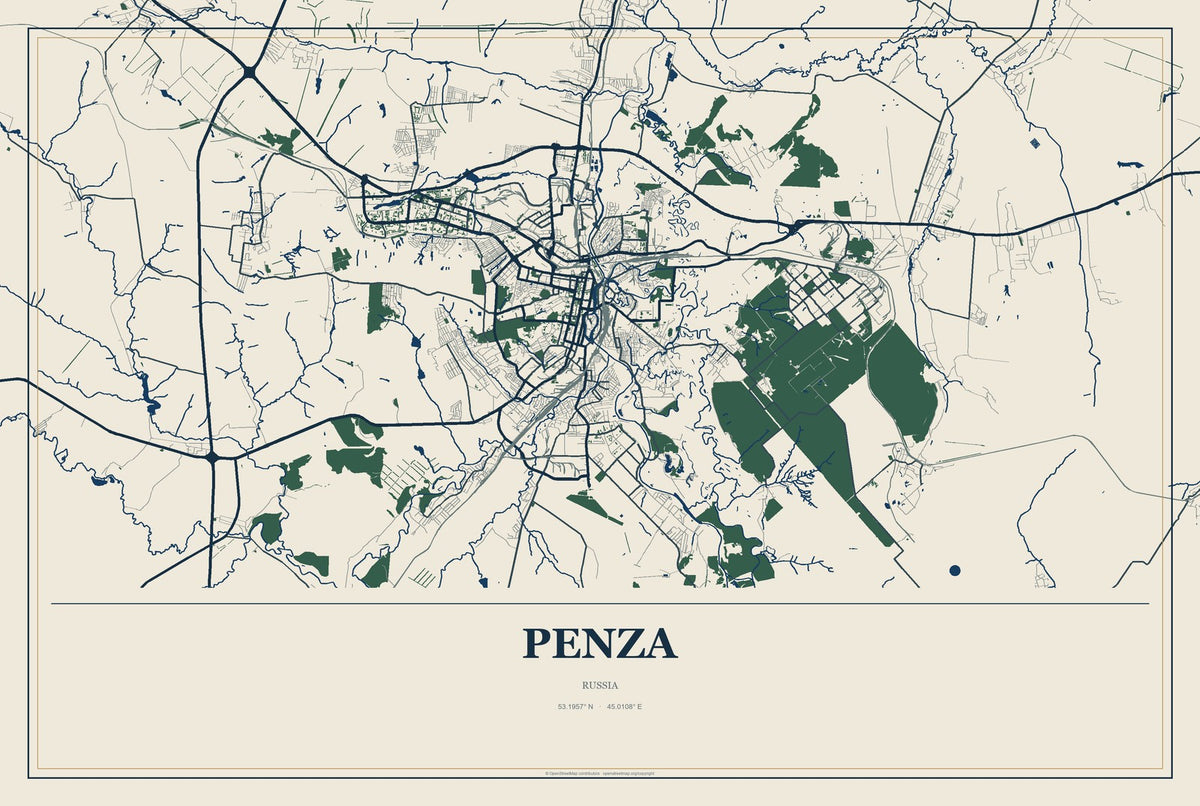 Penza, Russia City Map Aluminum Sign in Coastal Cutout style