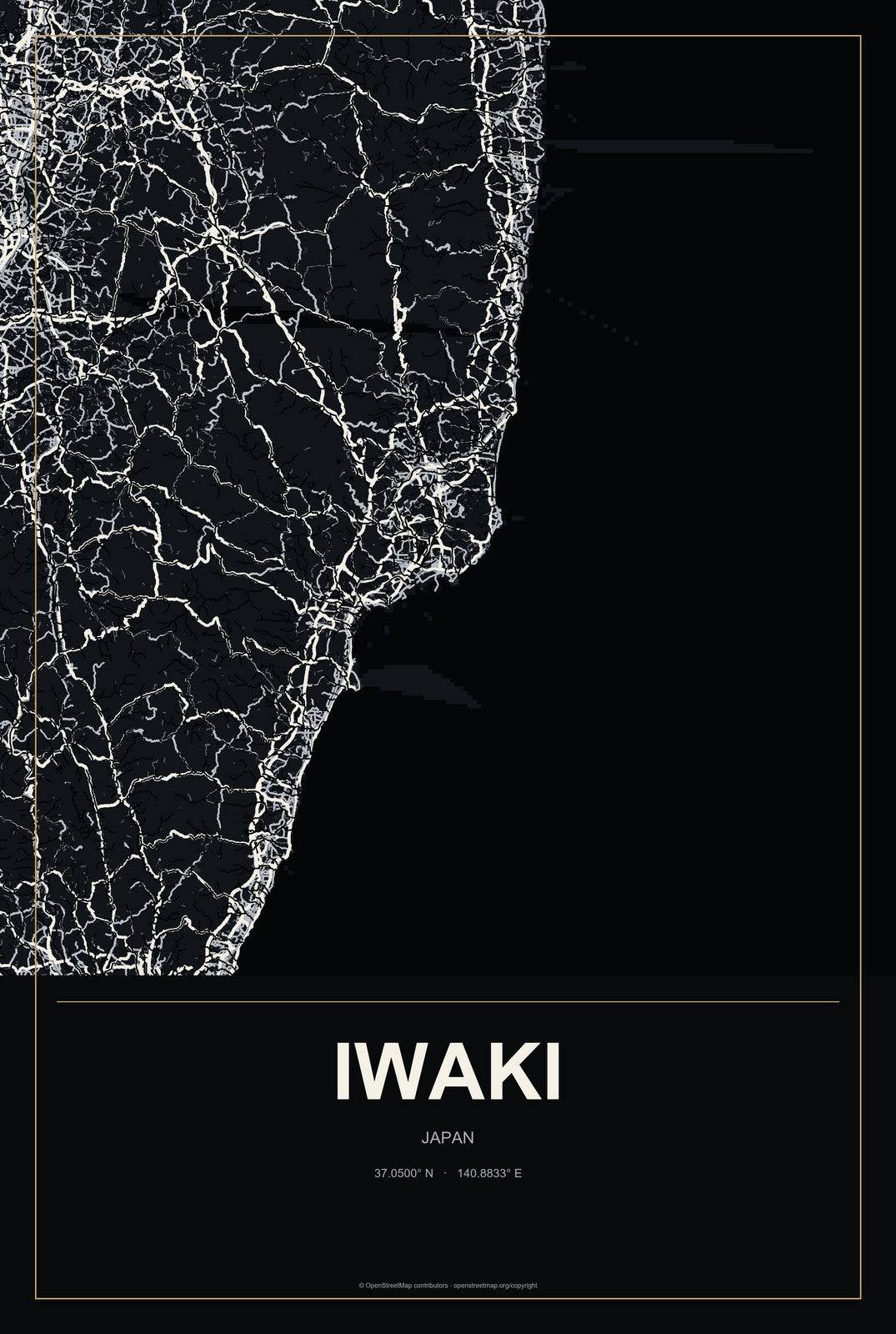 Iwaki, Japan City Map Aluminum Sign in Metropolitan Noir style