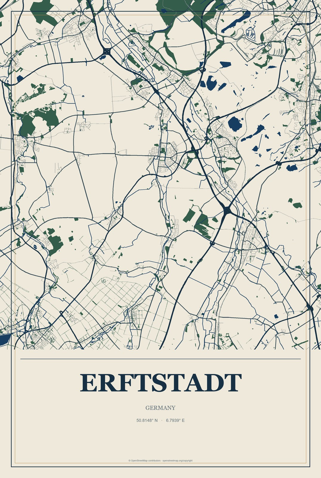 Erftstadt, Germany City Map Aluminum Sign in Coastal Cutout style