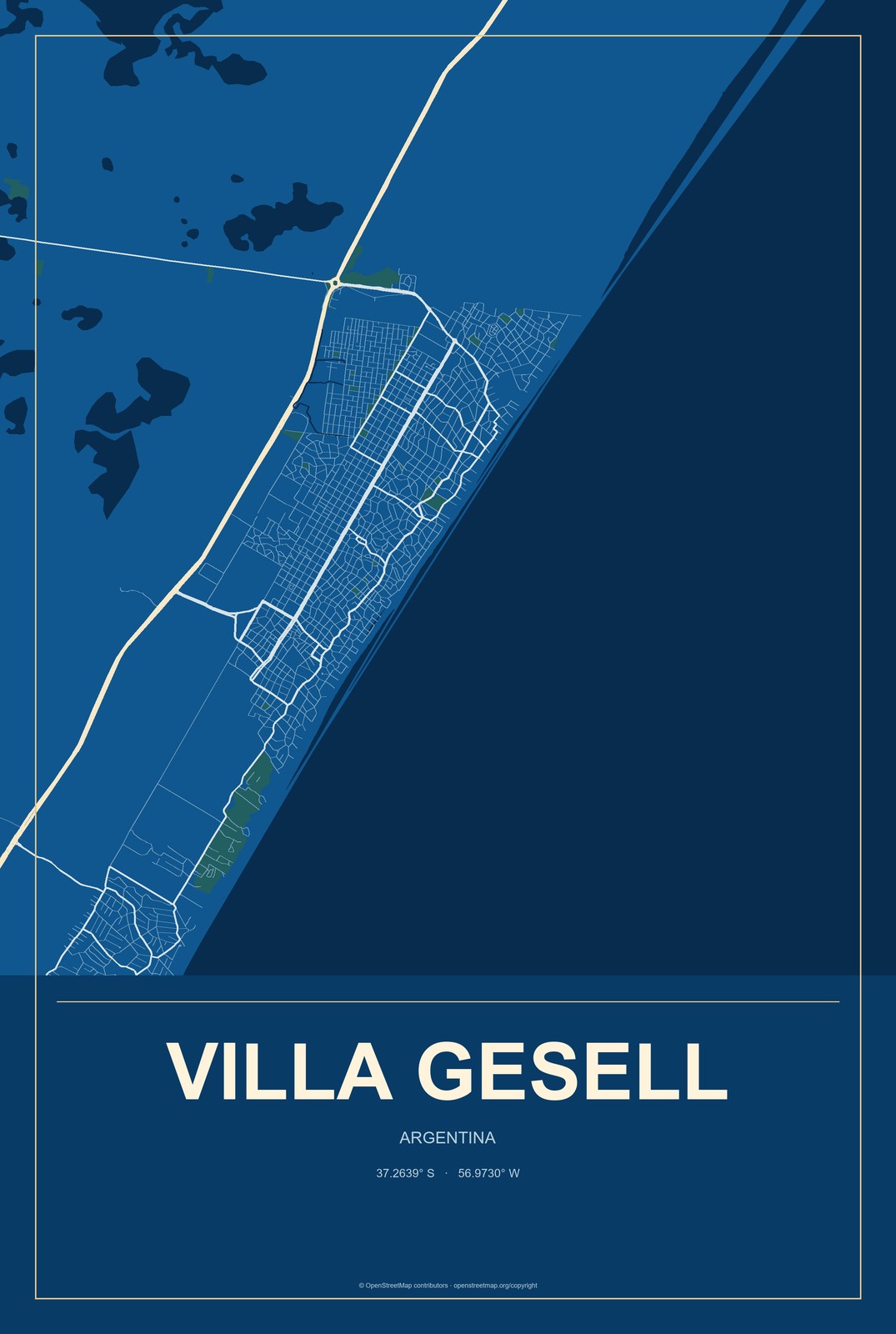 Villa Gesell, Argentina City Map Aluminum Sign in Harbor Cobalt style