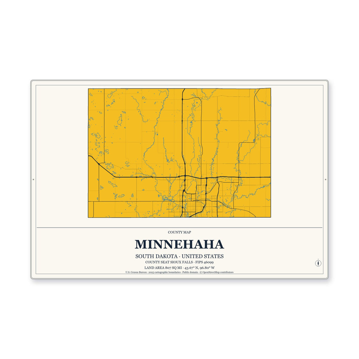 Minnehaha County, South Dakota Map Aluminum Sign in Citrine Modern style