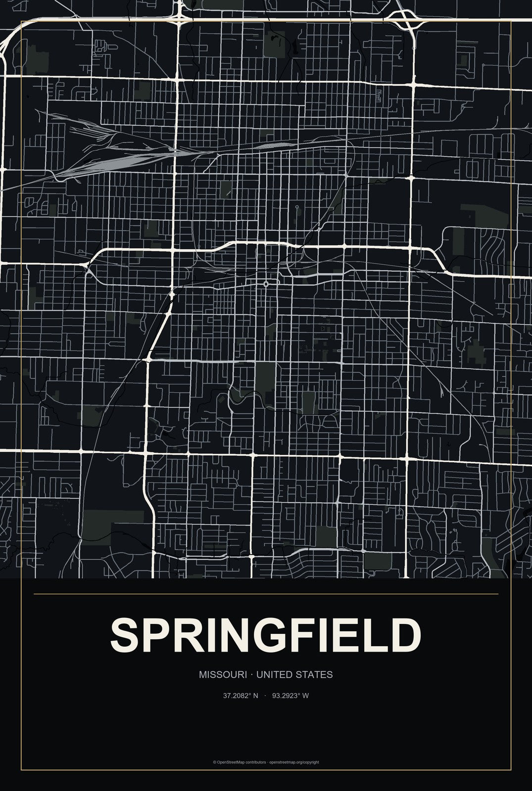 Springfield, Missouri City Map Aluminum Sign in Metropolitan Noir style