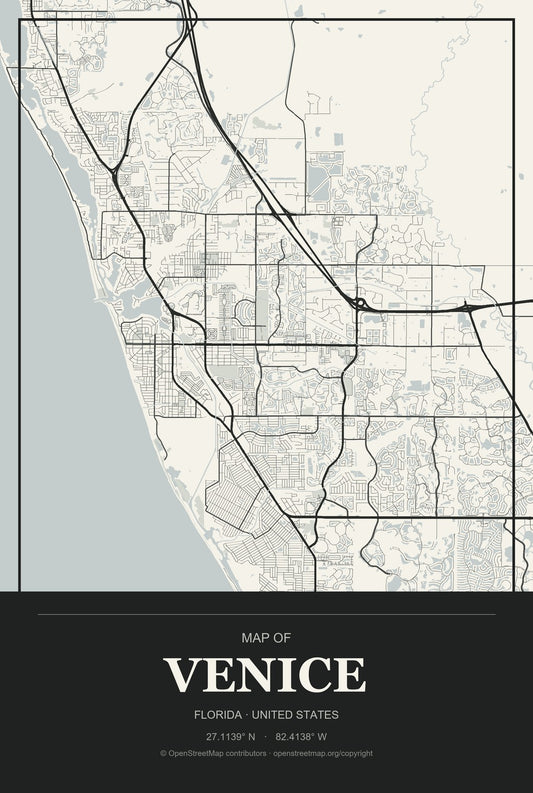 Venice, Florida City Map Aluminum Sign in Museum Plaque style