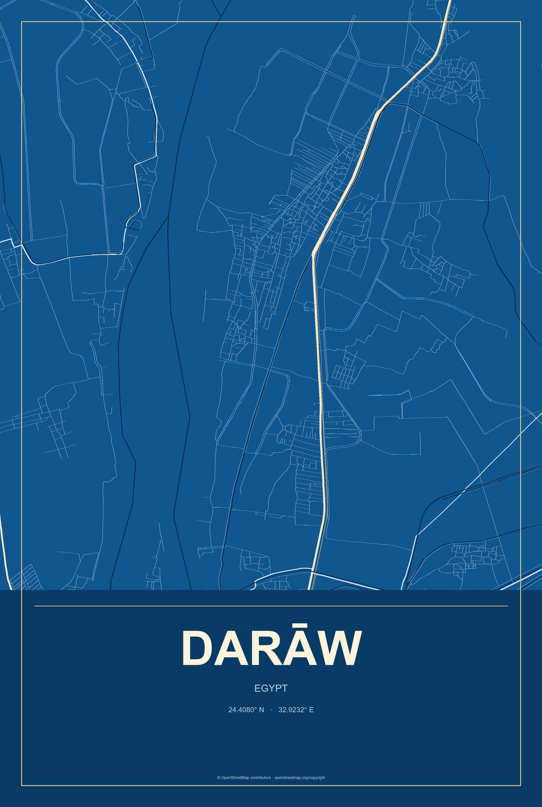 Darāw, Egypt City Map Aluminum Sign in Harbor Cobalt style