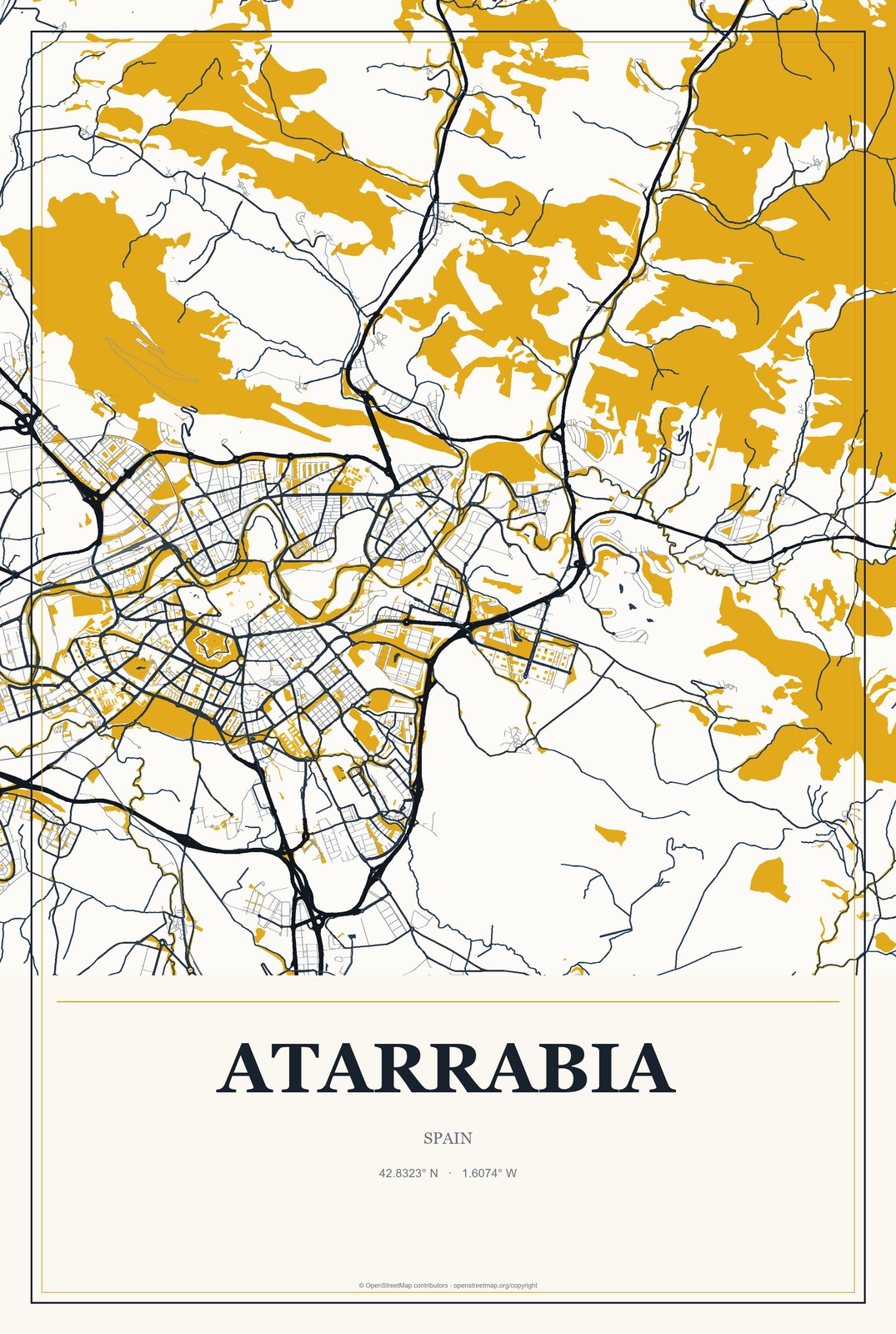 Atarrabia, Spain City Map Aluminum Sign in Citrine Modern style