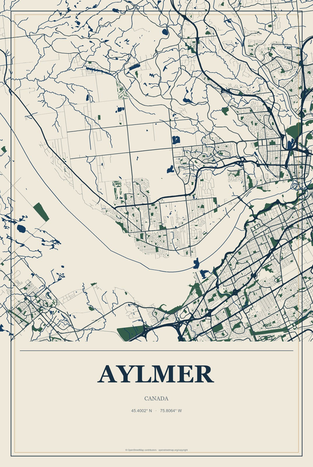 Aylmer, Canada City Map Aluminum Sign in Coastal Cutout style