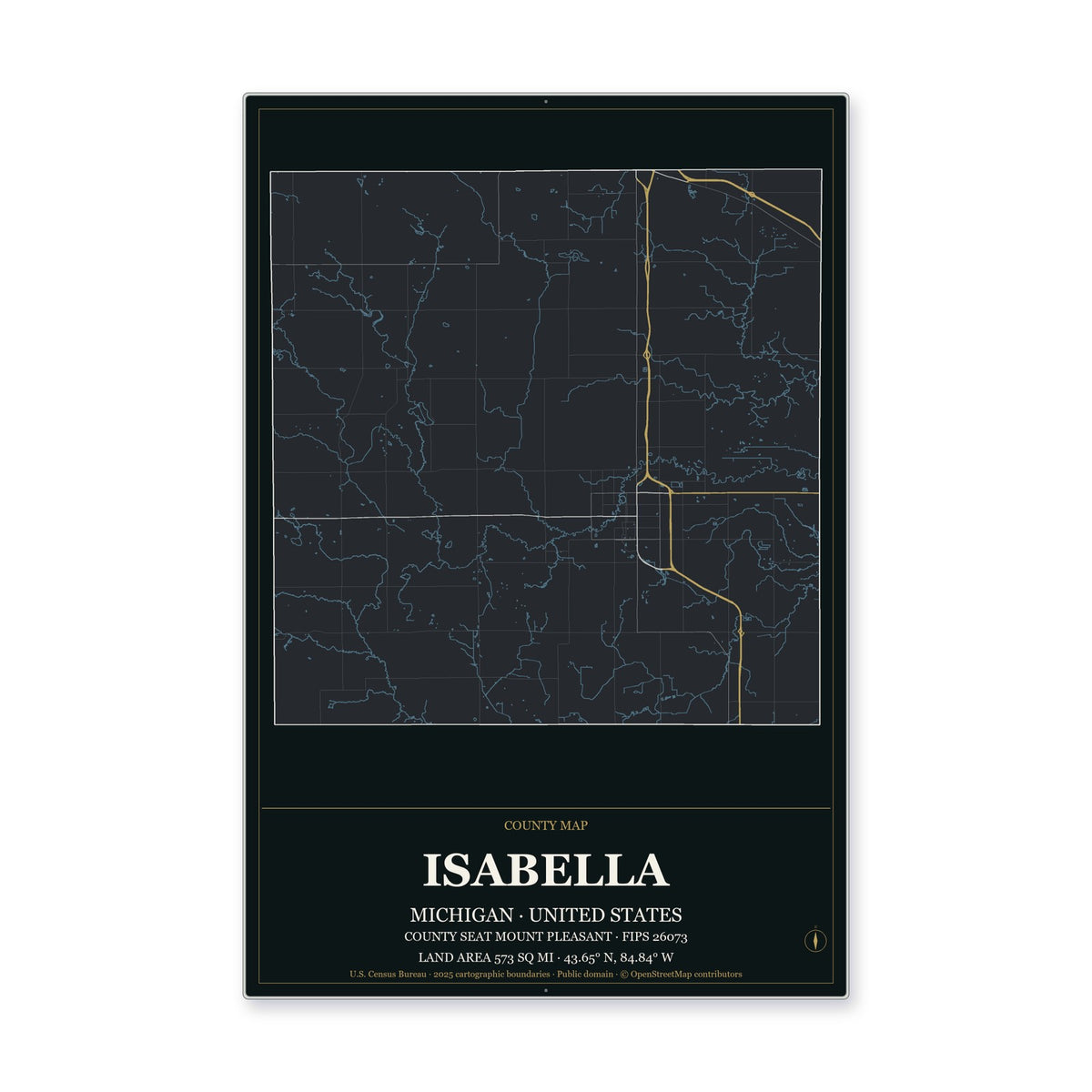 Isabella County, Michigan Map Aluminum Sign in Metropolitan Noir style