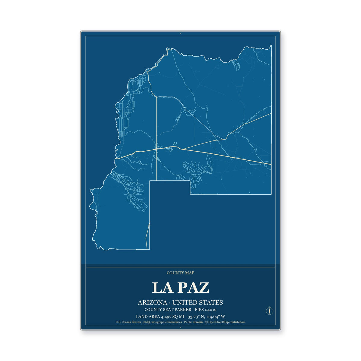 La Paz County, Arizona Map Aluminum Sign in Harbor Cobalt style