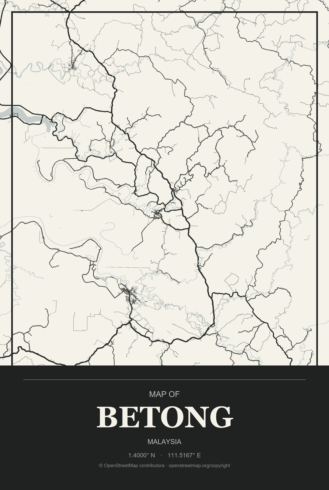 Betong, Malaysia City Map Aluminum Sign in Museum Plaque style