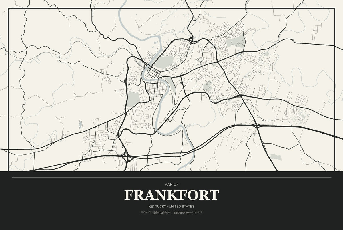 Frankfort, Kentucky City Map Aluminum Sign in Museum Plaque style