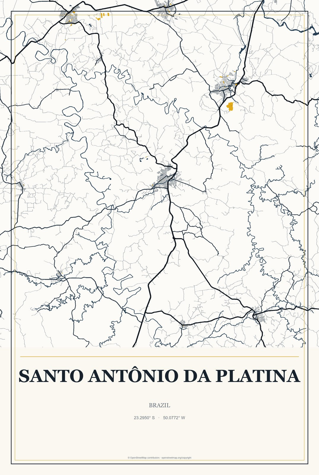 Santo Antônio da Platina, Brazil City Map Aluminum Sign in Citrine Modern style