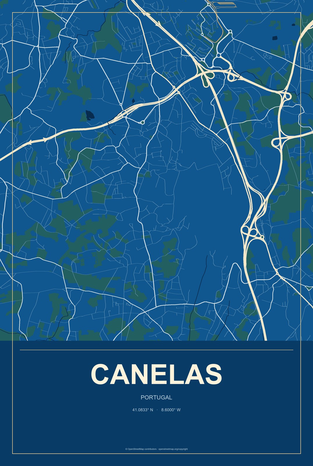 Canelas, Portugal City Map Aluminum Sign in Harbor Cobalt style