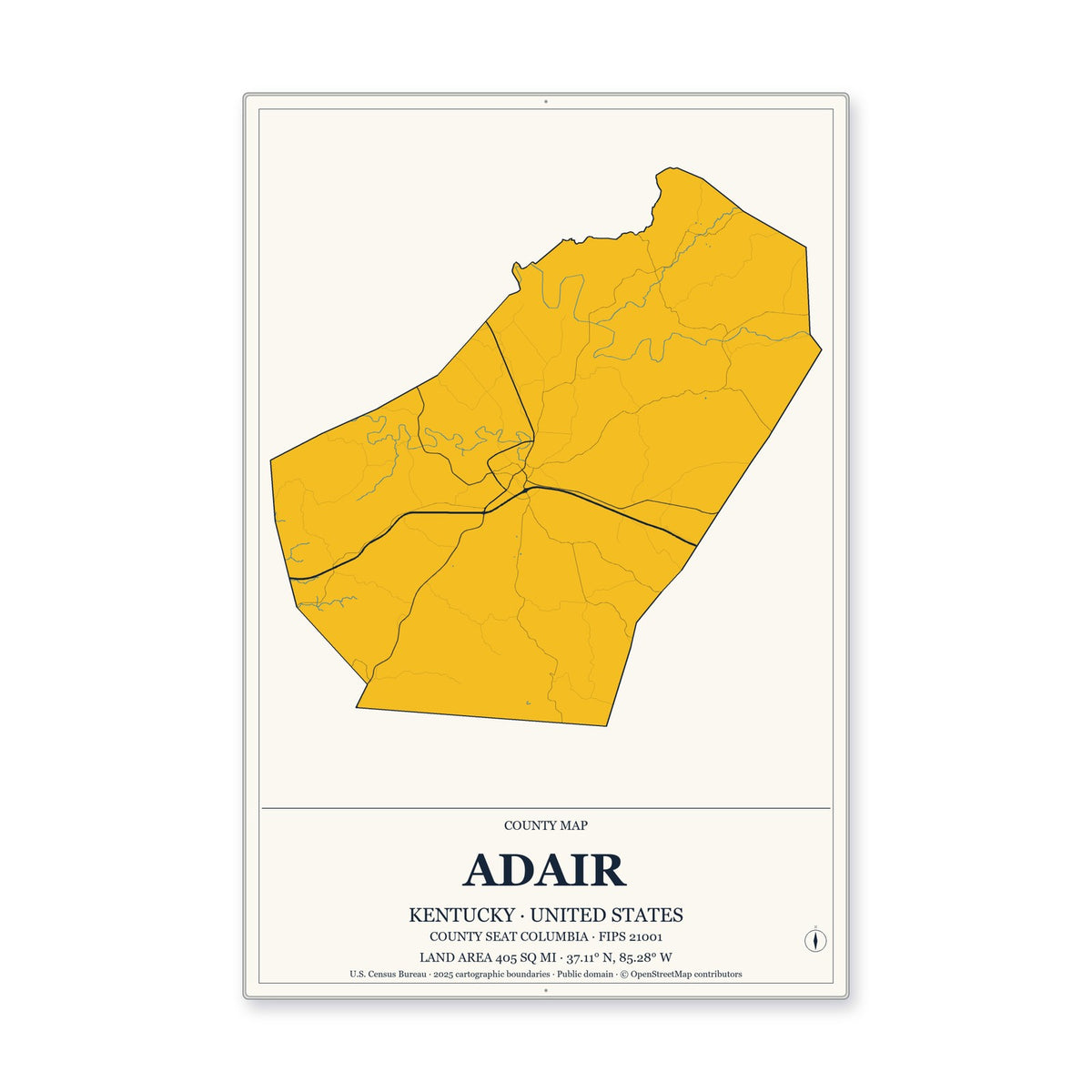 Adair County, Kentucky Map Aluminum Sign in Citrine Modern style