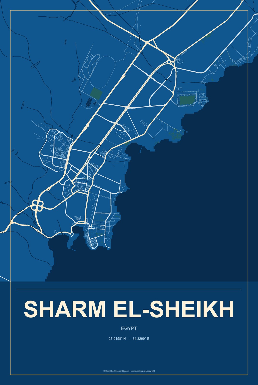 Sharm el-Sheikh, Egypt City Map Aluminum Sign in Harbor Cobalt style