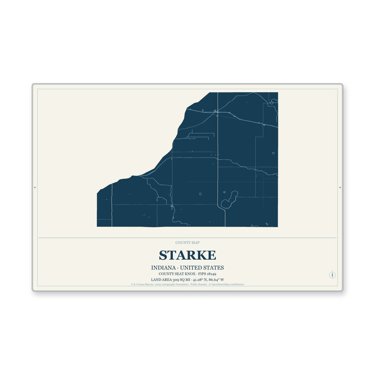 Starke County, Indiana Map Aluminum Sign in Coastal Cutout style
