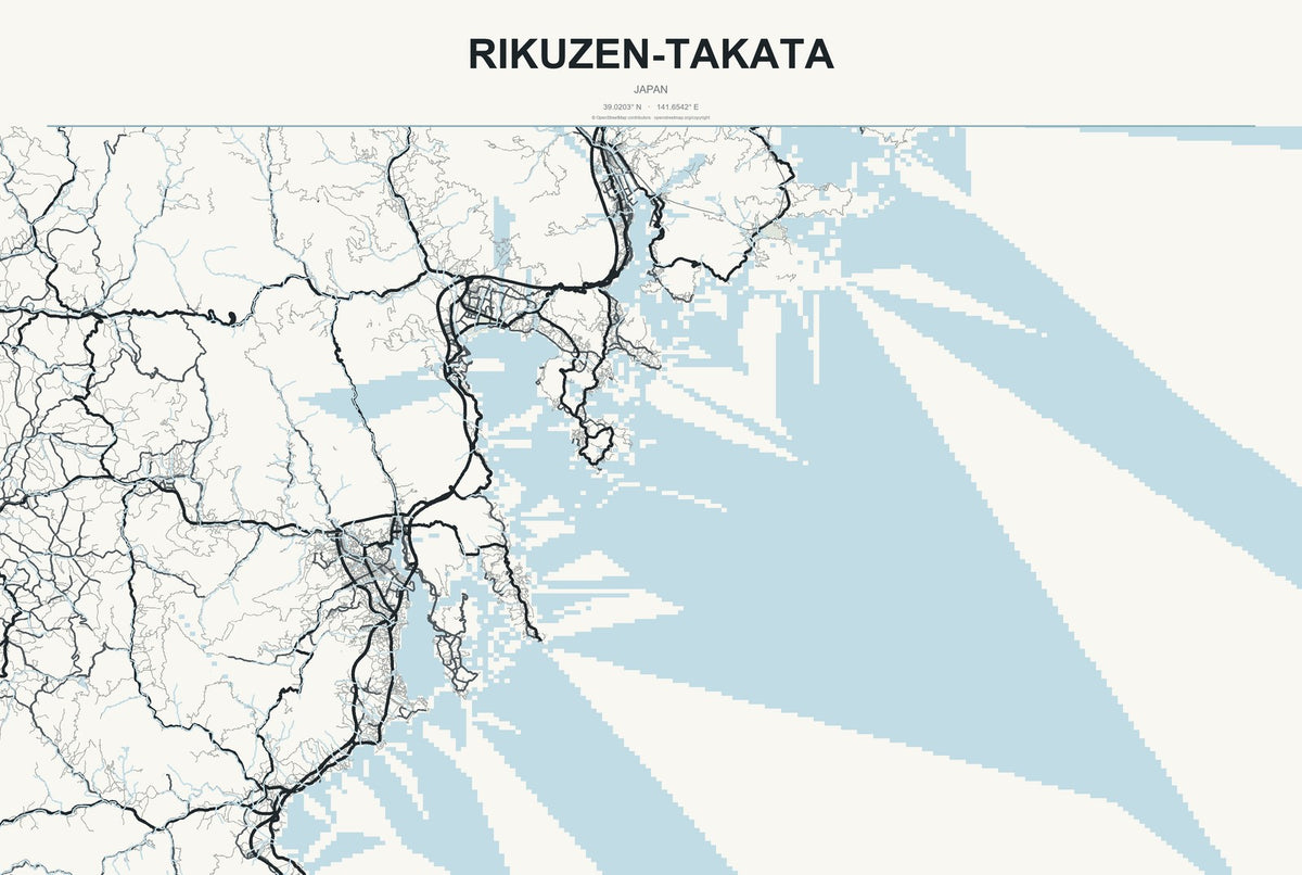 Rikuzen-Takata, Japan City Map Aluminum Sign in Headline Atlas style