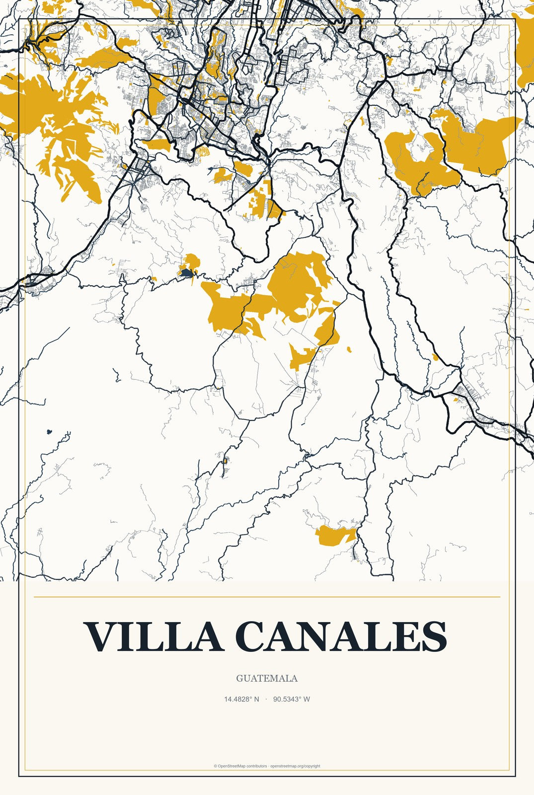 Villa Canales, Guatemala City Map Aluminum Sign in Citrine Modern style