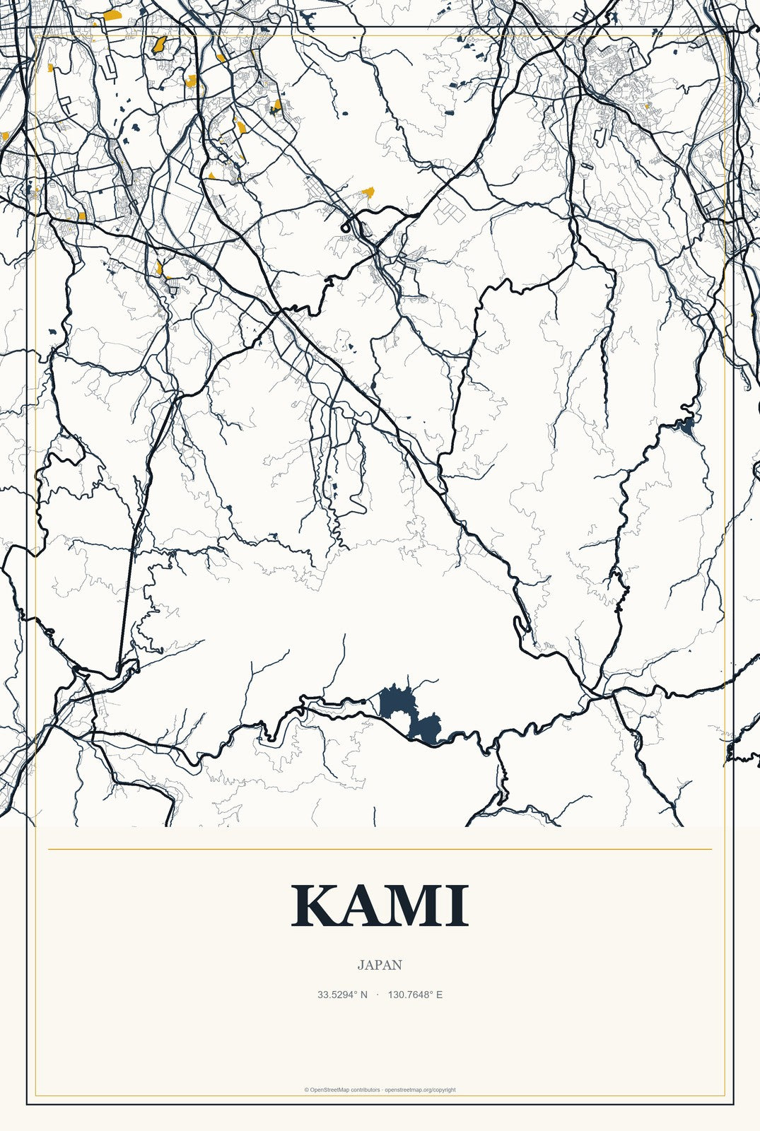 Kami, Japan City Map Aluminum Sign in Citrine Modern style