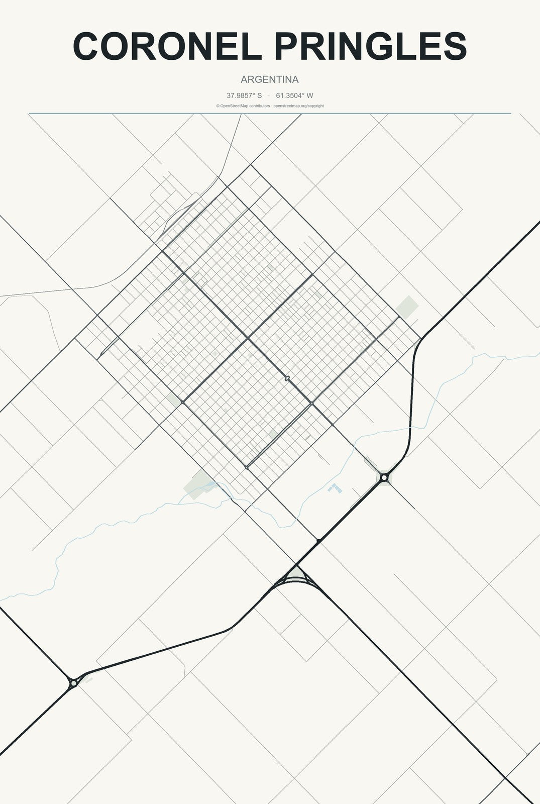 Coronel Pringles, Argentina City Map Aluminum Sign in Headline Atlas style
