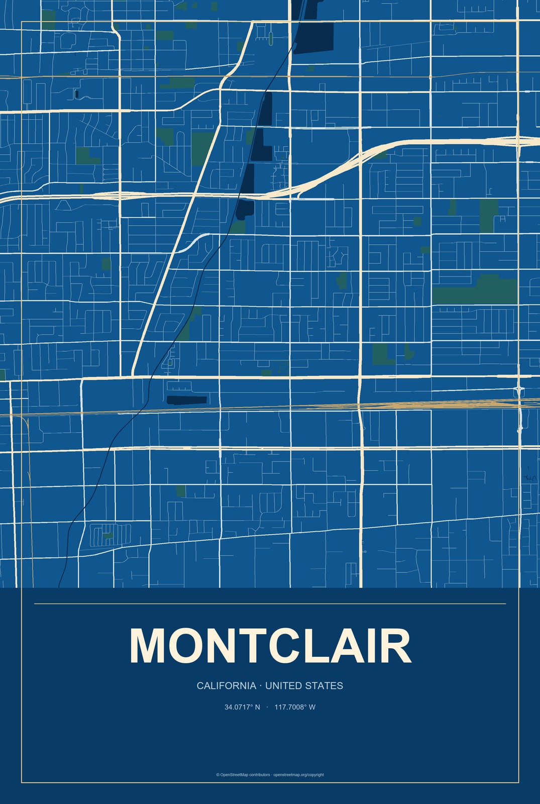 Montclair, California City Map Aluminum Sign in Harbor Cobalt style