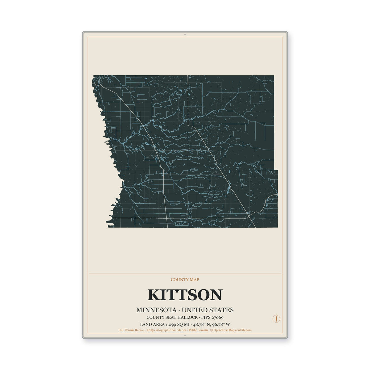 Kittson County, Minnesota Map Aluminum Sign in Headline Atlas style