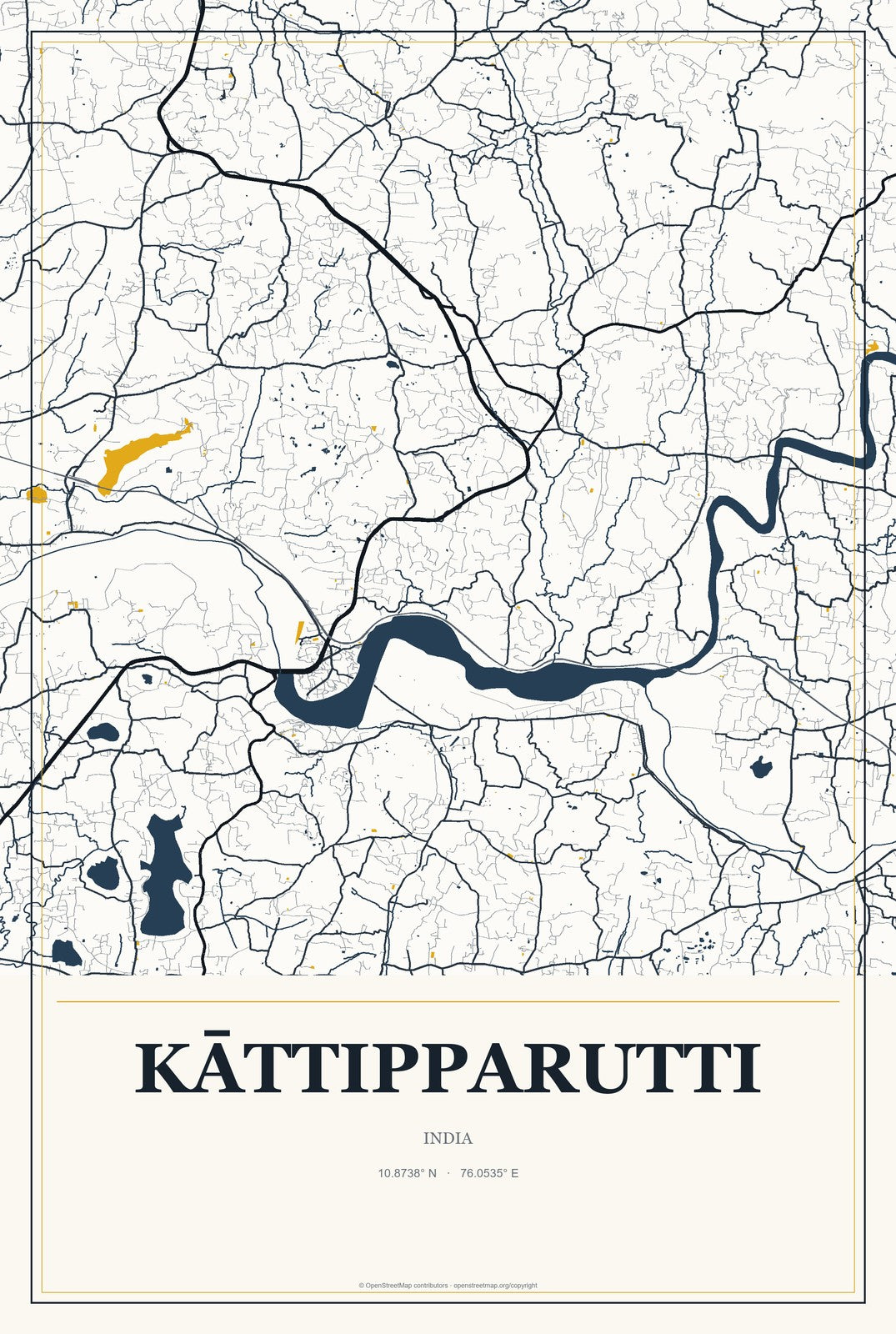 Kāttipparutti, India City Map Aluminum Sign in Citrine Modern style