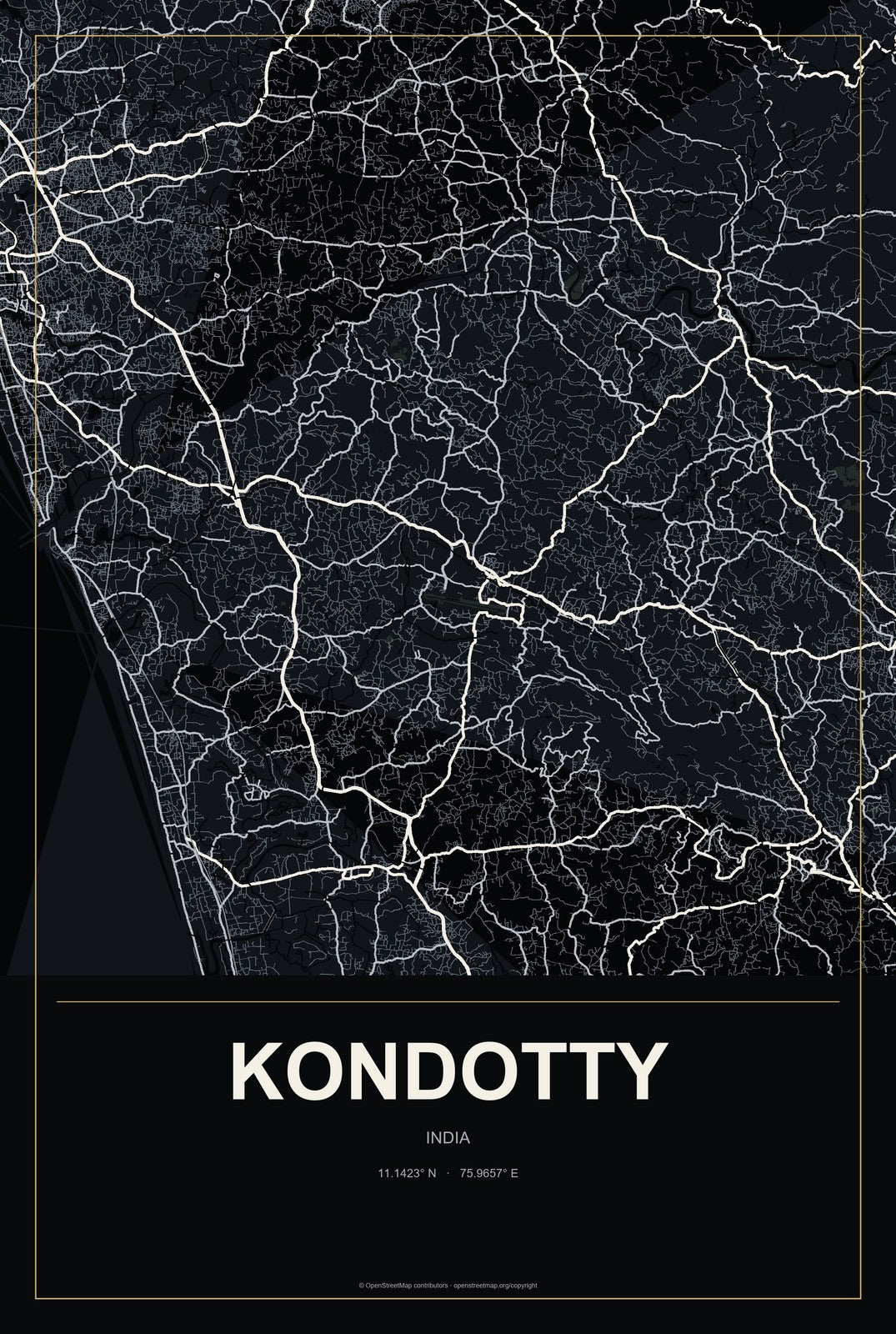 Kondotty, India City Map Aluminum Sign in Metropolitan Noir style