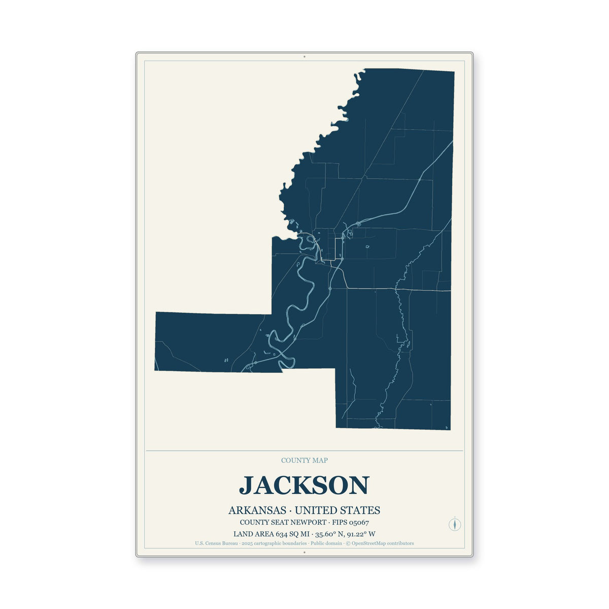 Jackson County, Arkansas Map Aluminum Sign in Coastal Cutout style