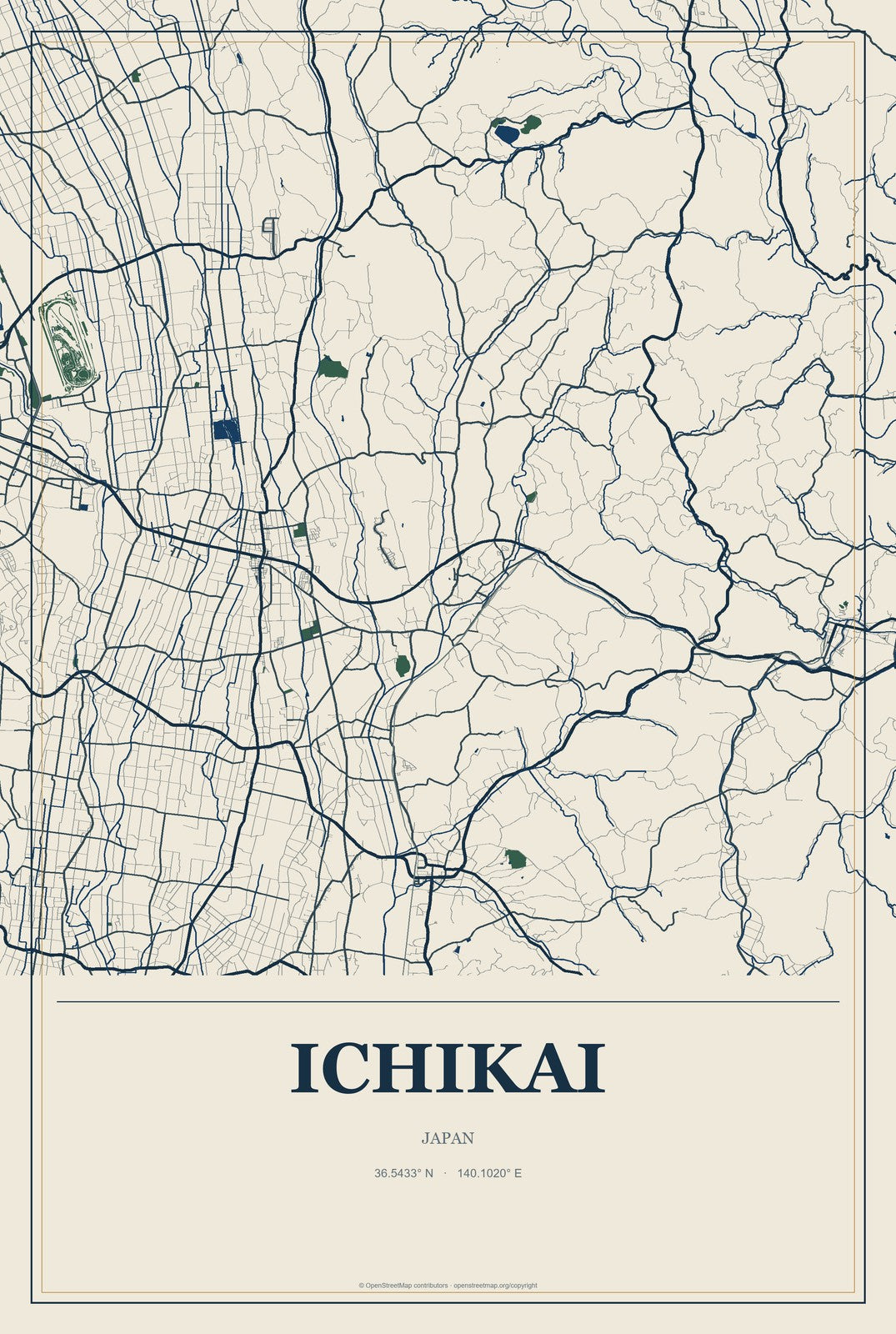Ichikai, Japan City Map Aluminum Sign in Coastal Cutout style