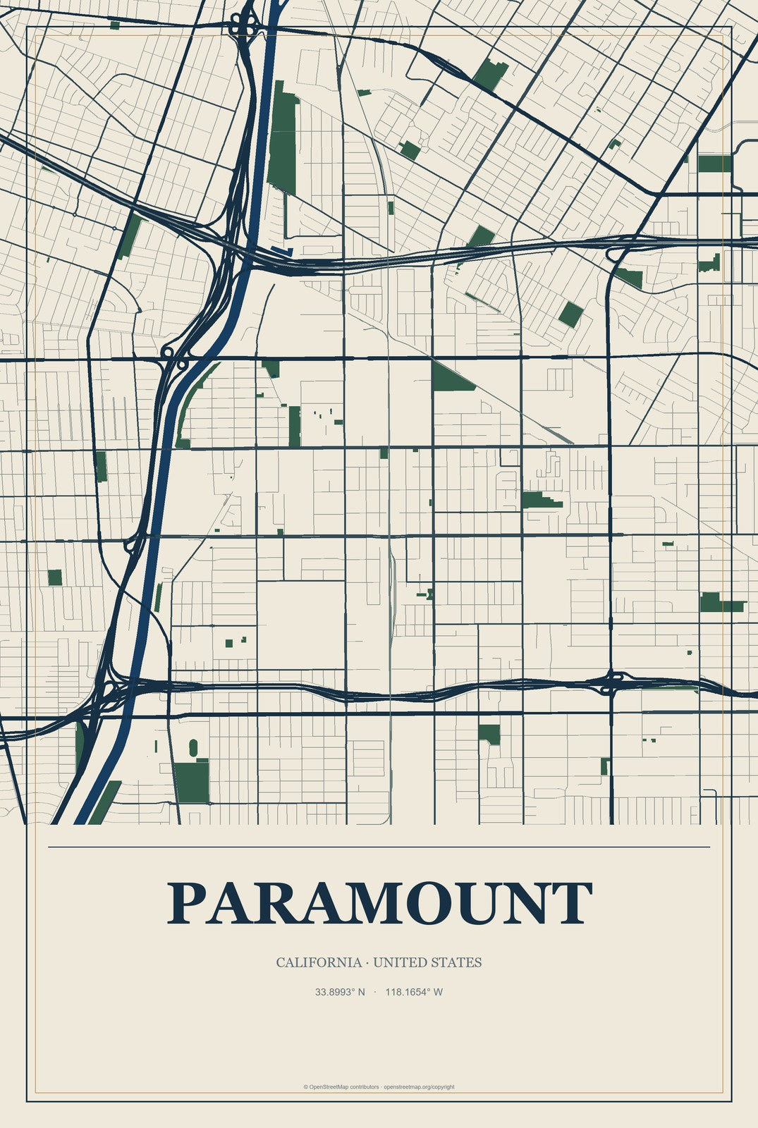 Paramount, California City Map Aluminum Sign in Coastal Cutout style