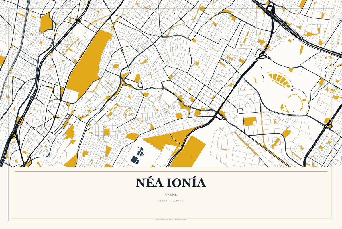 Néa Ionía, Attica, Greece City Map Aluminum Sign in Citrine Modern style