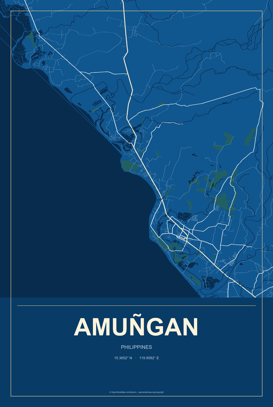 Amuñgan, Philippines City Map Aluminum Sign in Harbor Cobalt style