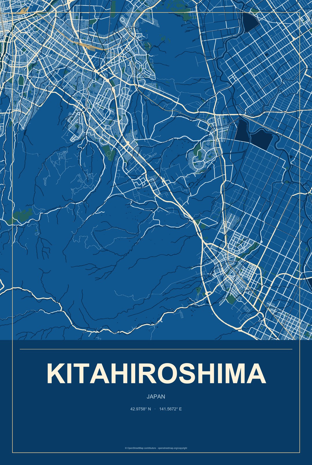 Kitahiroshima, Japan City Map Aluminum Sign in Harbor Cobalt style