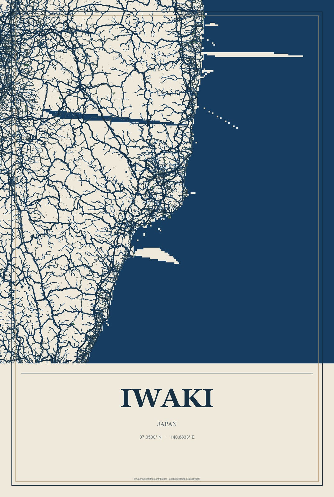 Iwaki, Japan City Map Aluminum Sign in Coastal Cutout style
