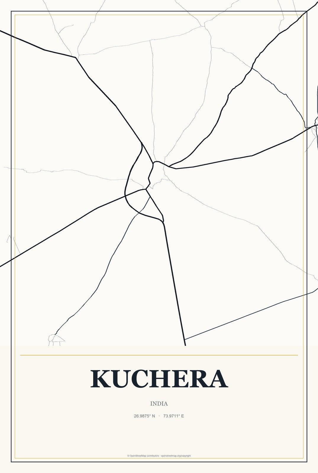 Kuchera, India City Map Aluminum Sign in Citrine Modern style
