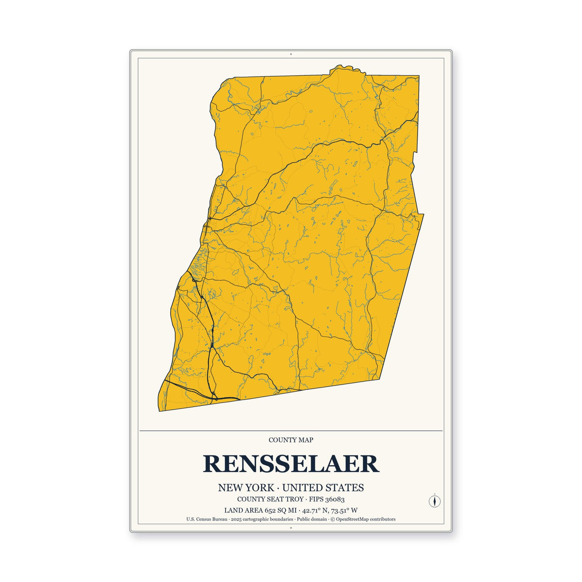 Rensselaer County, New York Map Aluminum Sign in Citrine Modern style