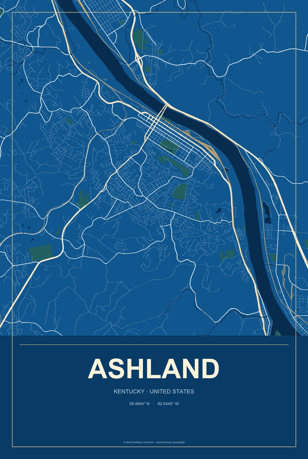 Ashland, Kentucky City Map Aluminum Sign in Harbor Cobalt style