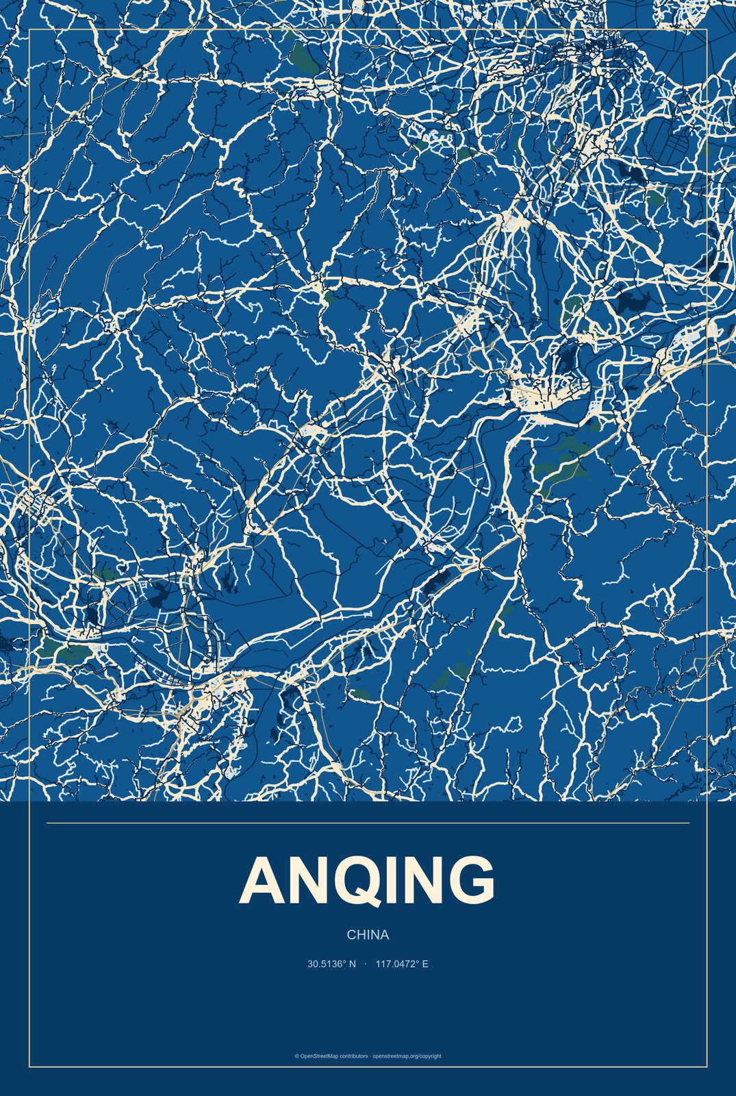 Anqing, China City Map Aluminum Sign in Harbor Cobalt style