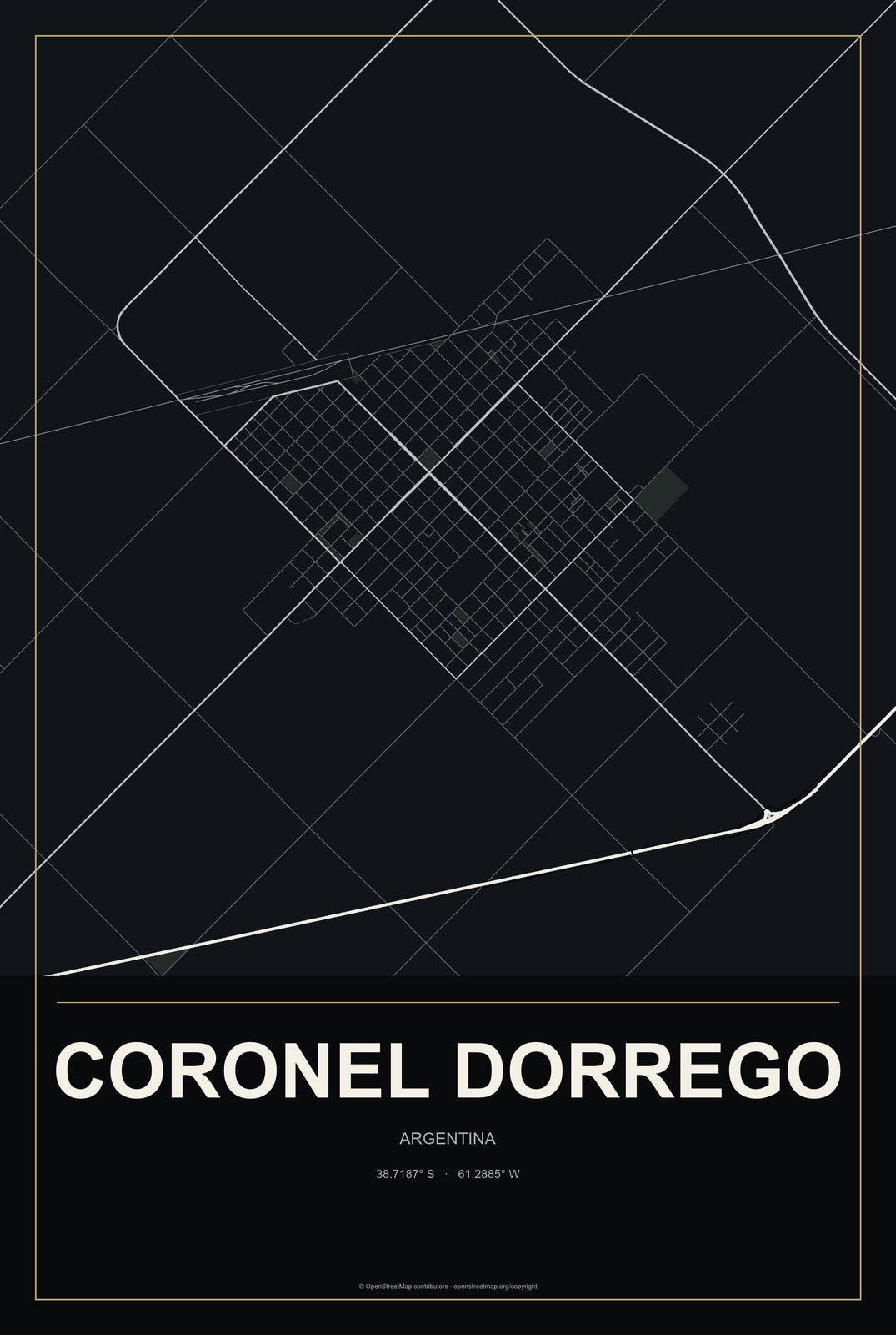 Coronel Dorrego, Argentina City Map Aluminum Sign in Metropolitan Noir style