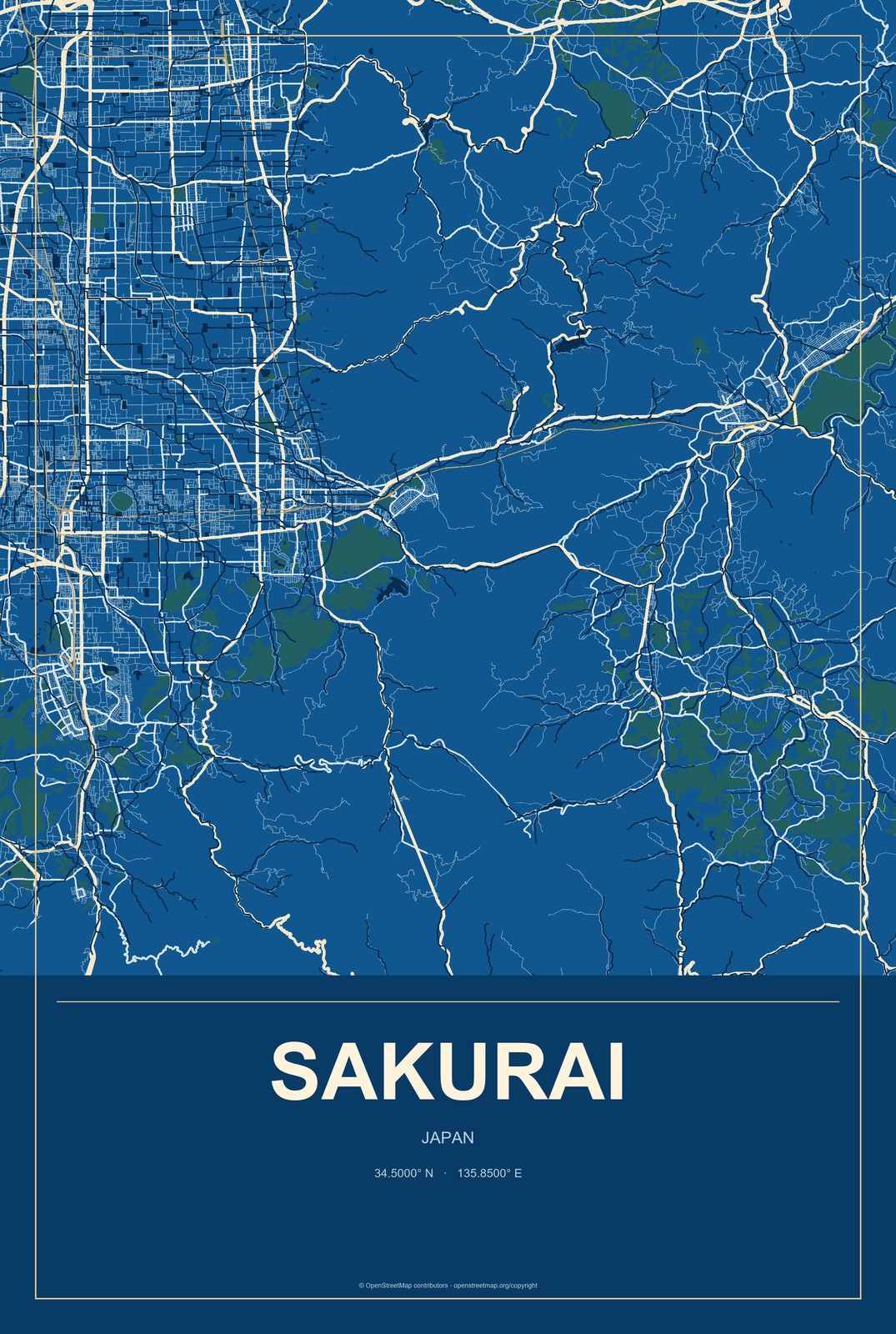 Sakurai, Japan City Map Aluminum Sign in Harbor Cobalt style
