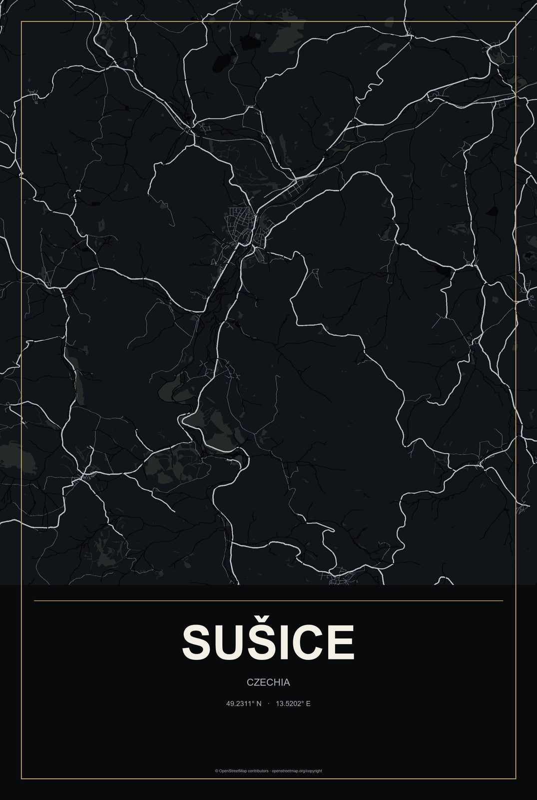 Sušice, Czechia City Map Aluminum Sign in Metropolitan Noir style