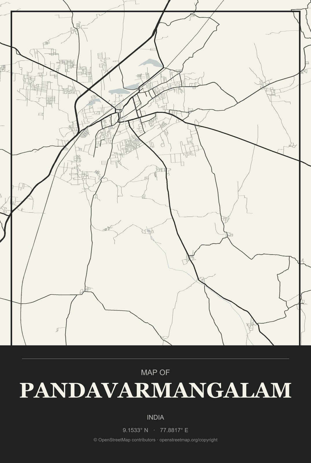 Pandavarmangalam, India City Map Aluminum Sign in Museum Plaque style