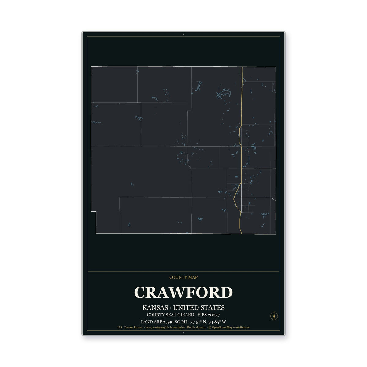 Crawford County, Kansas Map Aluminum Sign in Metropolitan Noir style