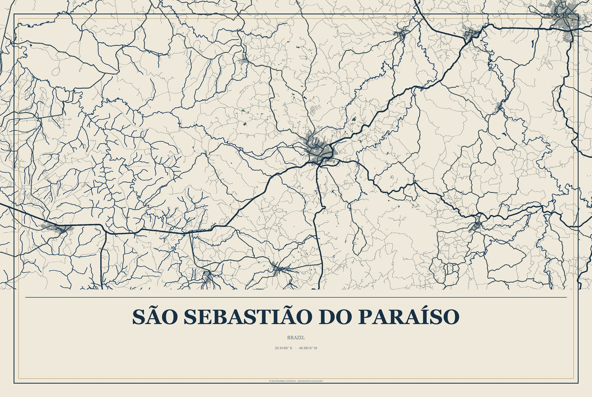 São Sebastião do Paraíso, Brazil City Map Aluminum Sign in Coastal Cutout style