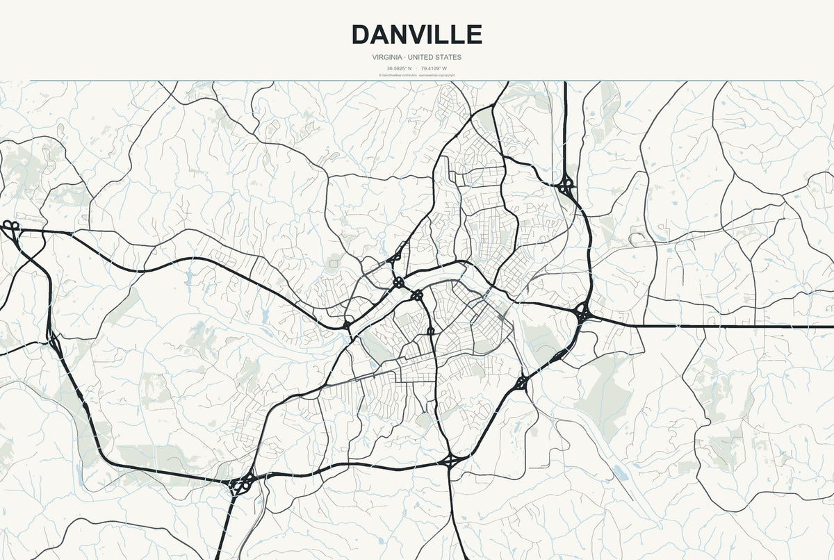 Danville, Virginia City Map Aluminum Sign in Headline Atlas style