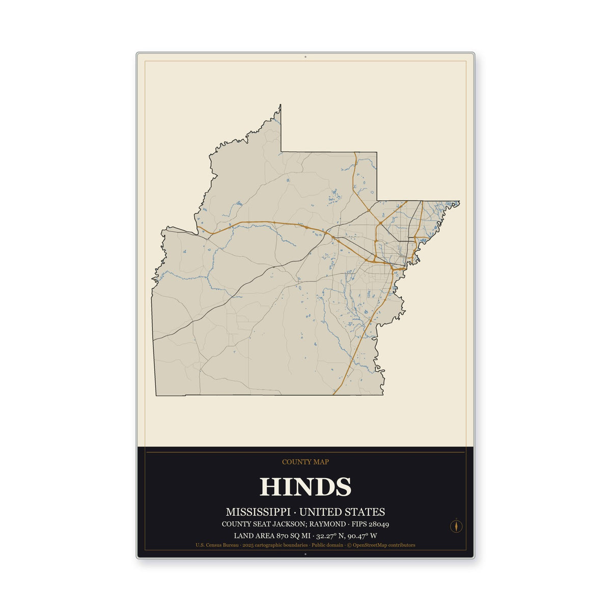 Hinds County, Mississippi Map Aluminum Sign in Museum Plaque style