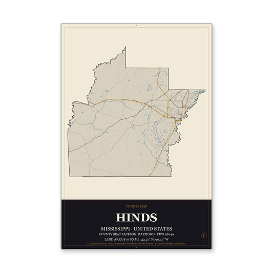 Hinds County, Mississippi Map Aluminum Sign in Museum Plaque style