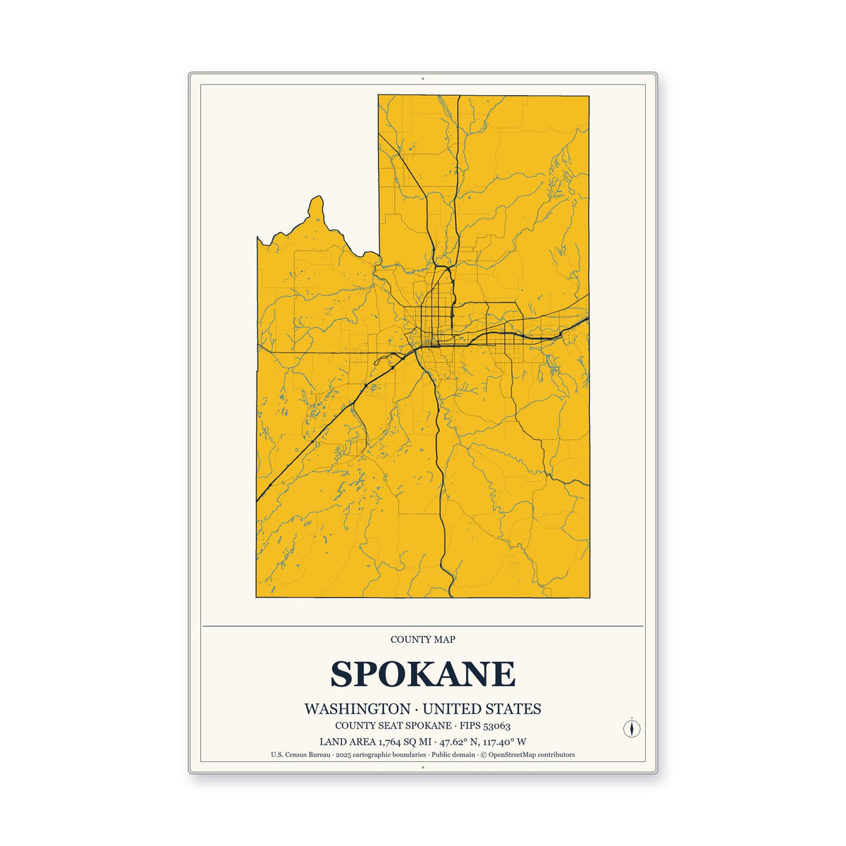 Spokane County, Washington Map Aluminum Sign in Citrine Modern style